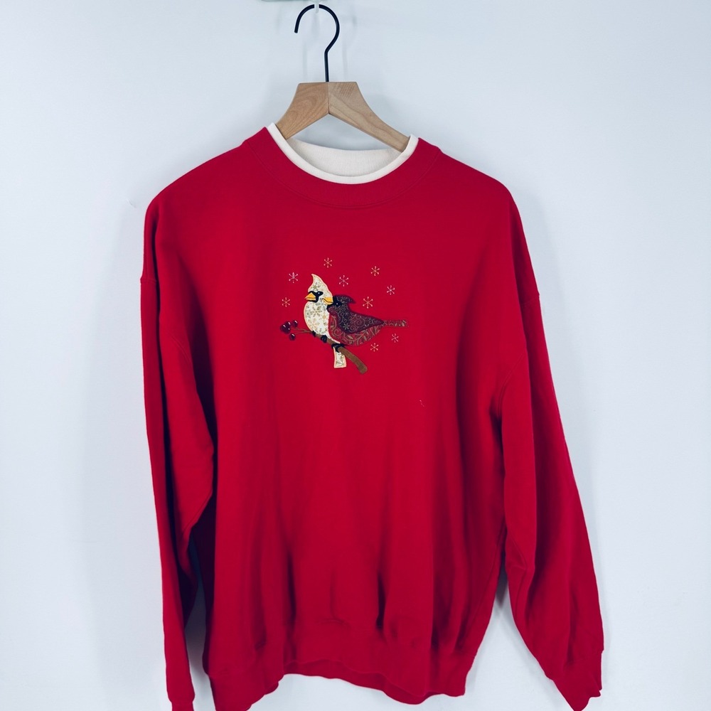 Vintage Layered Embroidered Red Cardinal Snowflake Crewneck Sweatshirt Size XL